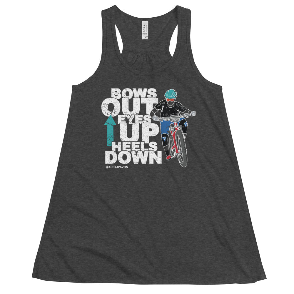 Bows Out Eyes Up Heels Down Flowy Racerback Tank (White Font)