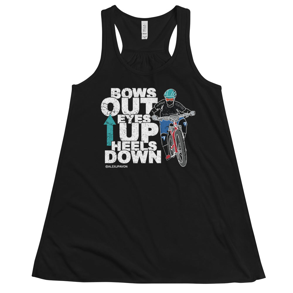 Bows Out Eyes Up Heels Down Flowy Racerback Tank (White Font)